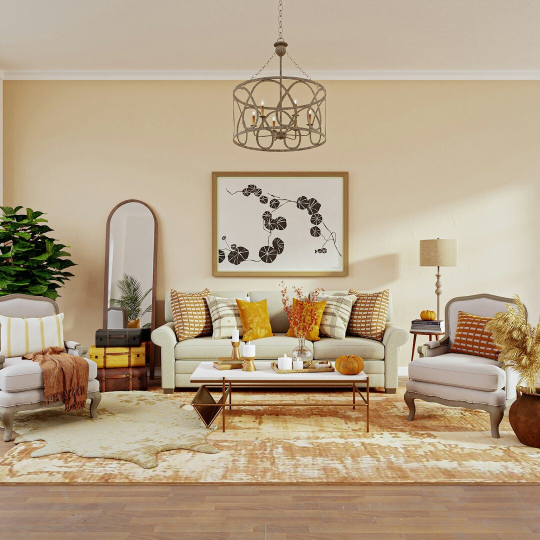 Elegant living room with vintage mid-century furniture and warm lighting